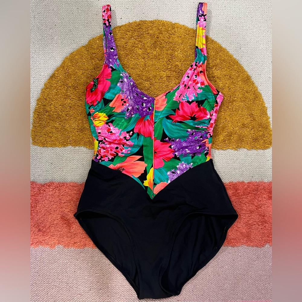 Vintage 80s Catalina Floral Print One Piece Bathing Suit